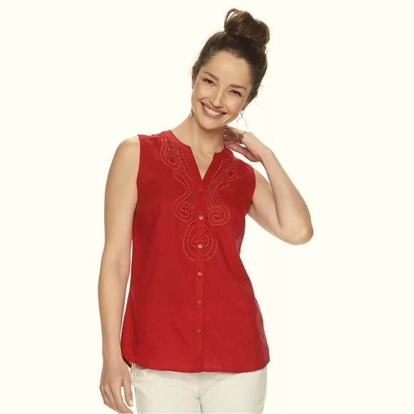 Dana Buchman Tops - Dana Buchman linen blend red sleeveless top Size L Button down with embroidery